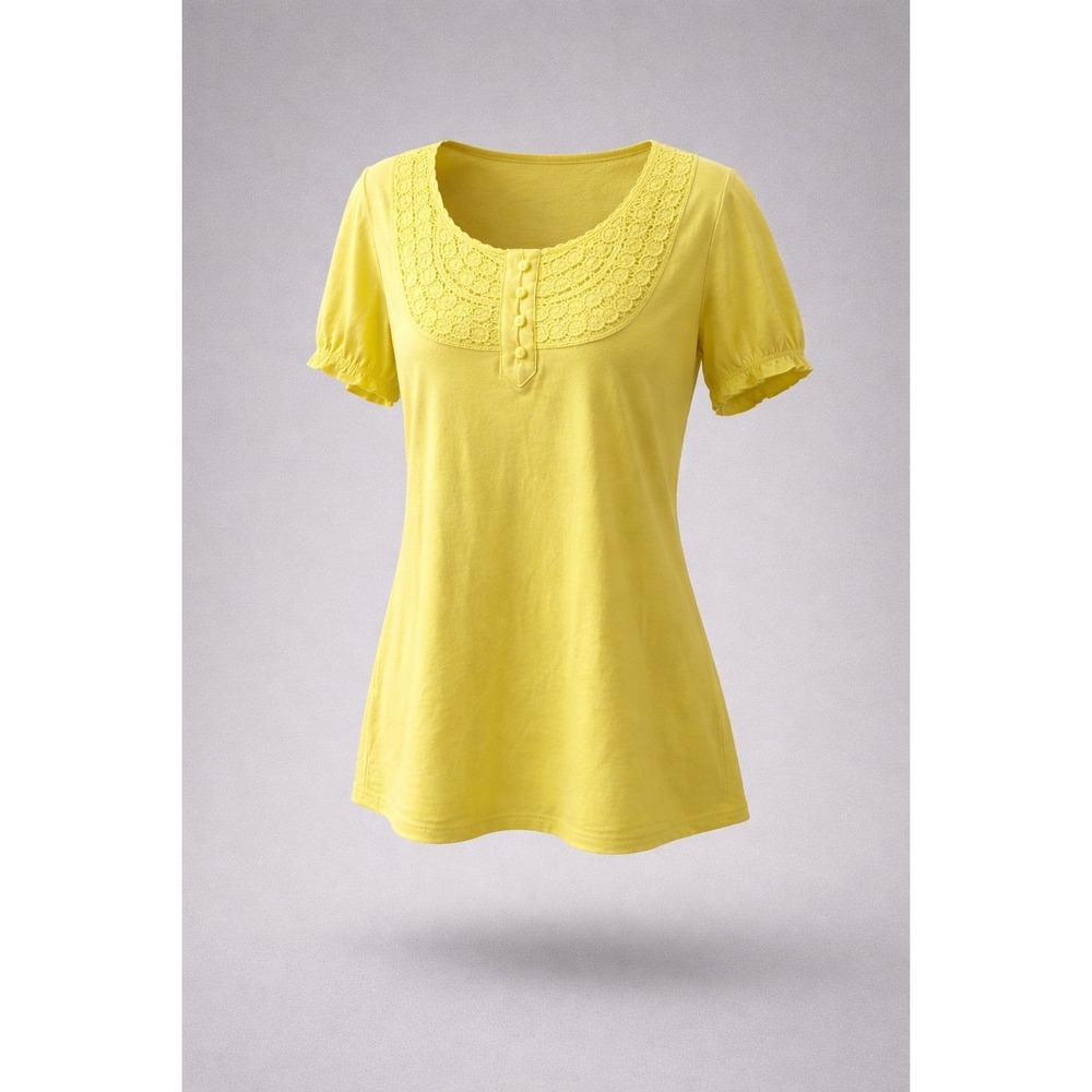 Karen Scott Women Crochet Lace Neck Henley Top Shy‎ Green Cotton Large NEW